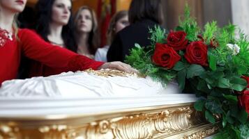 Friends and family gather to pay respects at a formal farewell ceremony featuring roses and a decorated coffin in a solemn setting photo