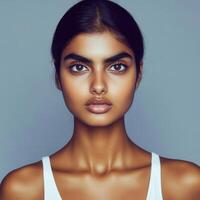 Portrait of a young woman with striking features and smooth skin against a minimalist background photo