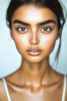 Portrait of a young woman with striking features and natural beauty in soft lighting photo
