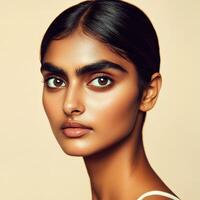 Captivating portrait of a model with stunning features and natural makeup against a neutral background photo
