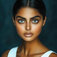 Stunning close-up portrait of a model with striking features and captivating gaze in a studio setting photo