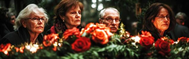 People gather in somber remembrance at a memorial surrounded by vibrant roses in a somber location during twilight hours photo
