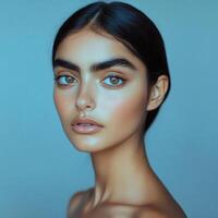 Portrait of a young model with striking blue eyes and perfect skin against a soft blue background photo