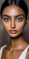 Model showcasing natural beauty with striking features in a soft-lit studio setting photo