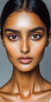 Model showcasing flawless skin and striking features during a beauty shoot in a studio setting photo