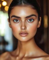 Natural beauty shines as model poses with a radiant glow in a softly lit indoor setting photo