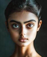 Portrait of a young woman with striking features and intense gaze captured in soft lighting against a dark background photo