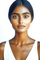 Stunning portrait of a young woman with flawless skin and striking features against a bright background photo