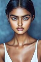 Portrait of a young woman with striking features and smooth skin taken against a blurred background in soft lighting photo