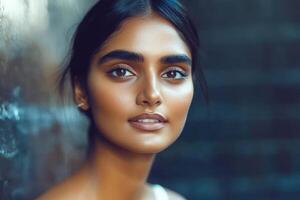 Portrait of a young woman with striking features in soft natural light against a blurred background photo