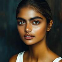 Portrait of a young woman with striking features and captivating eyes set against a dark background in a serene moment photo