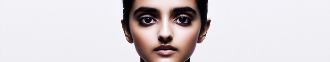 Portrait of a young individual with striking features and intense gaze against a light background photo
