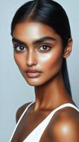 Beautiful model with glowing skin and sleek hair posing against a simple background in a beauty shoot photo