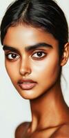 Beautiful portrait of a young model showcasing flawless skin and captivating eyes in a studio setting photo