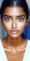 Close-up of a young woman with glowing skin and expressive eyes in soft natural light, highlighting her beauty and features photo