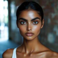 Stunning portrait of a model with striking features in a soft-lit urban setting during the day photo