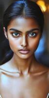 Captivating close-up of a woman with striking features and deep-set eyes, showcasing natural beauty and confidence photo
