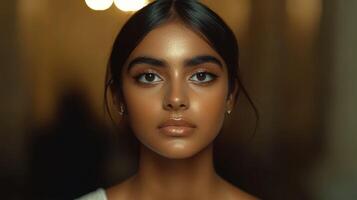 Portrait of a young woman with striking features and natural makeup, captured in warm lighting in an elegant indoor setting photo