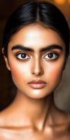 Model displays captivating beauty with flawless skin and expressive eyes in a warm, intimate setting photo