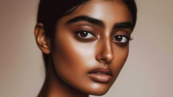 Captivating portrait of a young woman with striking features and warm skin tone in a soft, illuminated setting photo