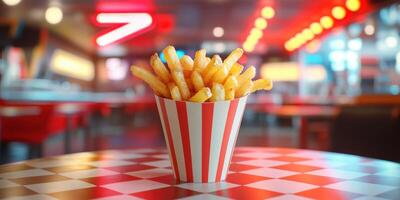French fries in a paper cup on a checkered table photo