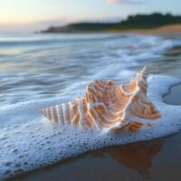 Beautiful seashell washed ashore at sunrise on a tranquil beach with gentle waves lapping at the sand photo