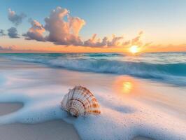 Sunrise over the ocean with a seashell resting on the shore and waves gently crashing on the beach photo