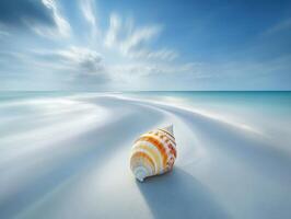 Swirling sands and a seashell reveal a serene beach scene under a bright blue sky near the ocean at midday photo