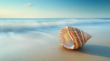 Seashore with a striped shell resting on sandy beach under a clear blue sky during golden hour photo