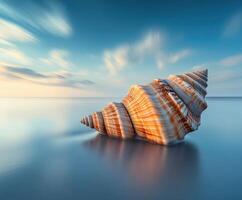Shell rests on calm beach during sunset with gentle waves surrounding it photo