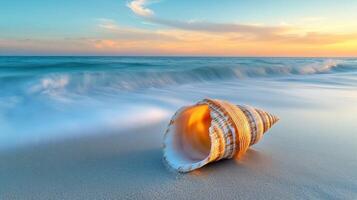 Beautiful seashell resting on the sandy beach during sunset with gentle waves lapping at the shore photo