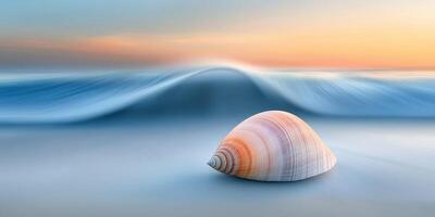 Shell resting on the beach as gentle waves roll towards the shore during sunset photo