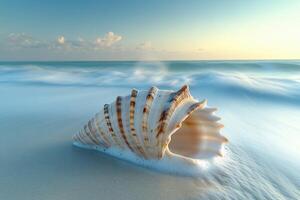 A shell on the beach with waves in the background photo