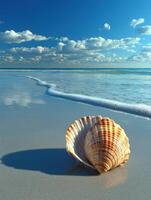 Seashell resting on the sandy beach with gentle waves and a clear blue sky in the background during late afternoon photo
