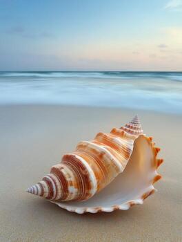 A shell on the beach with the ocean in the background photo