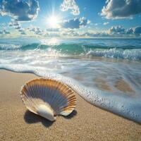 Shell on the beach with sun and sea waves photo