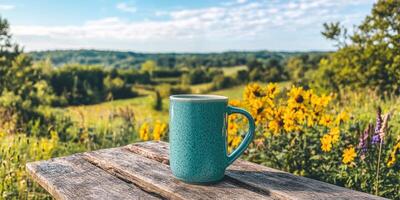Enjoying a serene moment with a porcelain coffee cup against a backdrop of blooming flowers and rolling hills photo