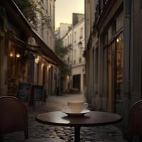 A delicate porcelain coffee cup rests on a small table in a serene European alley as dusk begins to settle in photo