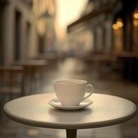 Porcelain coffee cup on a table in a quiet cafe during the evening golden hour photo