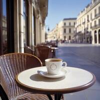 Porcelain coffee cup sits on a table in a bustling outdoor cafe setting on a sunny day photo