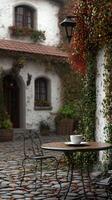Charming courtyard with a porcelain coffee cup on a rustic table surrounded by lush greenery and quaint architecture photo