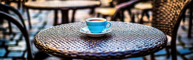 Porcelain coffee cup placed on a woven table in a cozy cafe setting during a sunny morning photo