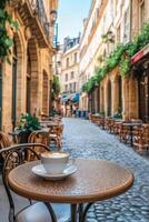 Charming street cafe setting featuring a porcelain coffee cup on a table in a quaint European alleyway photo