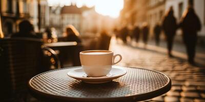 Warm porcelain coffee cup on table during golden hour in busy street filled with people photo