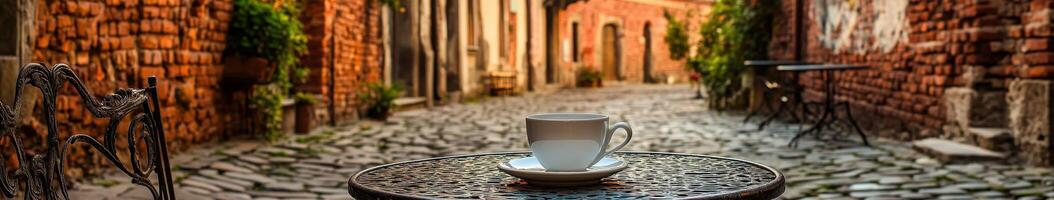Porcelain coffee cup on a table in a quaint cobblestone alleyway during the morning light photo