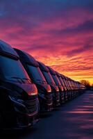 Trucks lined up against a vibrant sunset in a parking lot showcasing a beautiful evening sky photo