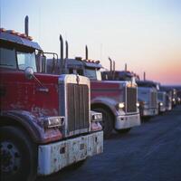 Trucks parked along a road at twilight with a colorful sunset in the background photo