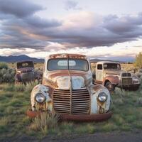 Classic trucks rust away in a scenic landscape under dramatic clouds at sunset photo