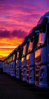 A line of trucks stands parked in a row, beautifully reflecting the vibrant colors of the sunset in the sky above photo