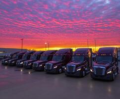 Sunset casts vibrant colors over a row of trucks in a parking lot at dusk photo
